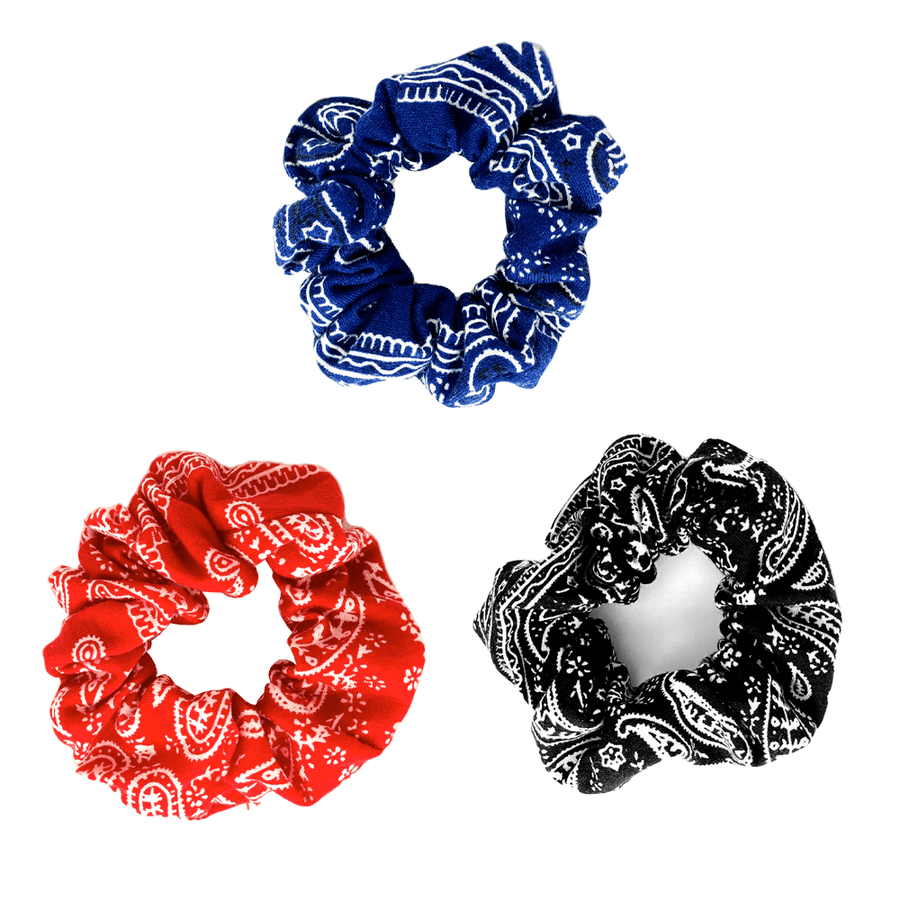 Bandana-pattern hair scrunchies (group shot)