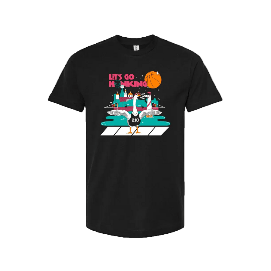 T-shirt with image of goose wearing basketball jersey and honking