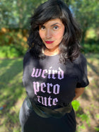 BarbacoApparel's Weird Pero Cute Graphic Tee (On Female Model)