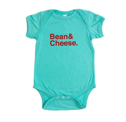 BarbacoApparel's Bean & Cheese Graphic Onesie (front view)