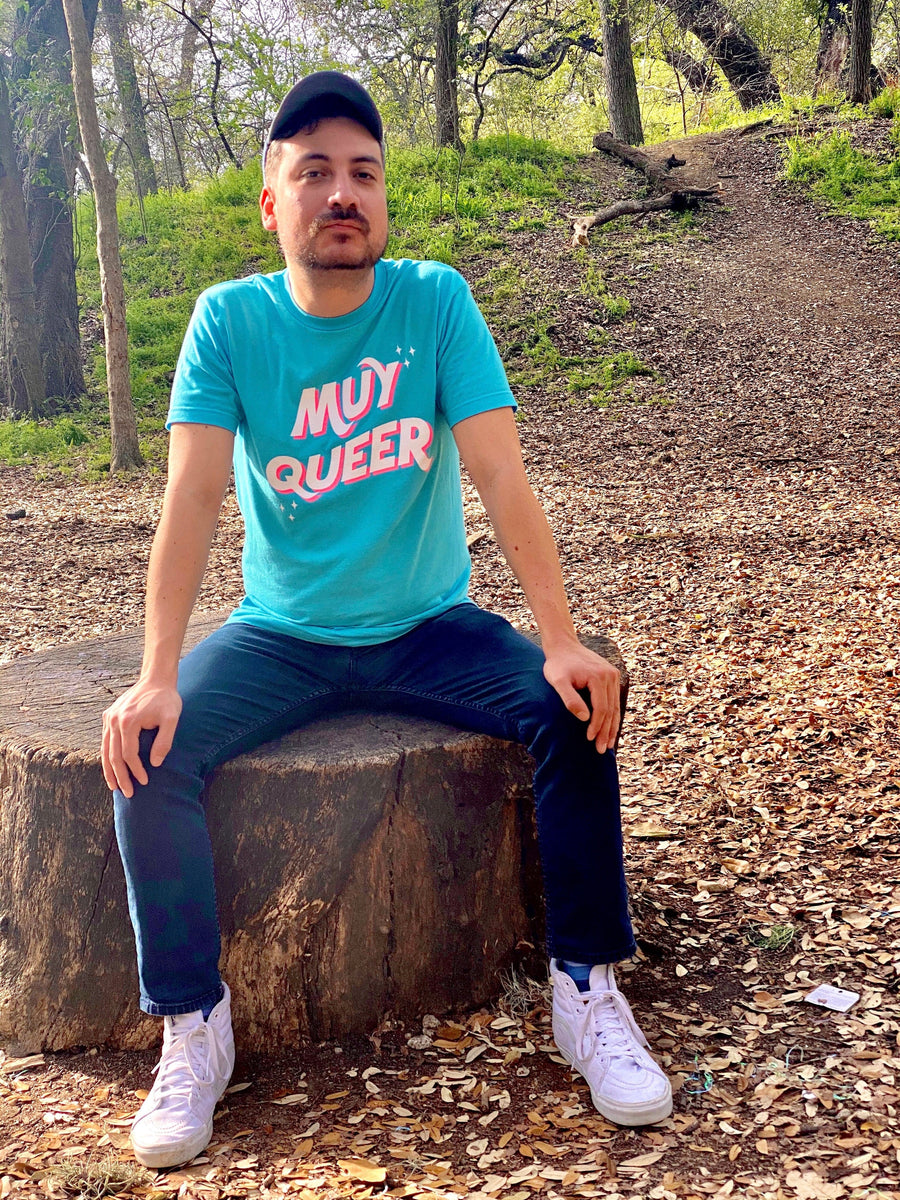 BarbacoApparel's Muy Queer Graphic Tee on Male Model (front view)