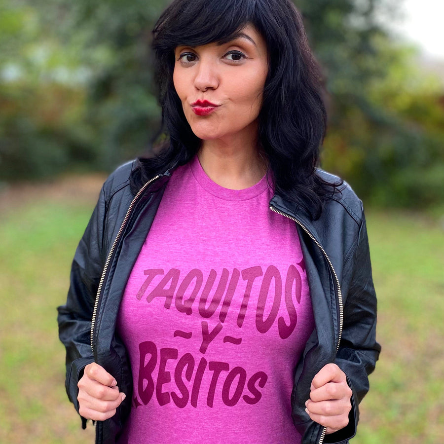 BarbacoApparel's Taquitos y Besitos Graphic Tee on Female Model (front view)