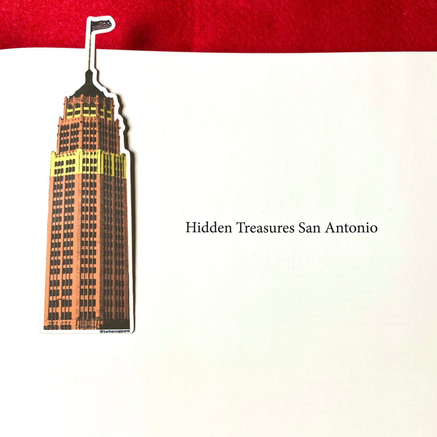 BarbacoApparel's Tower Life Building Die-Cut Bookmark (in book)